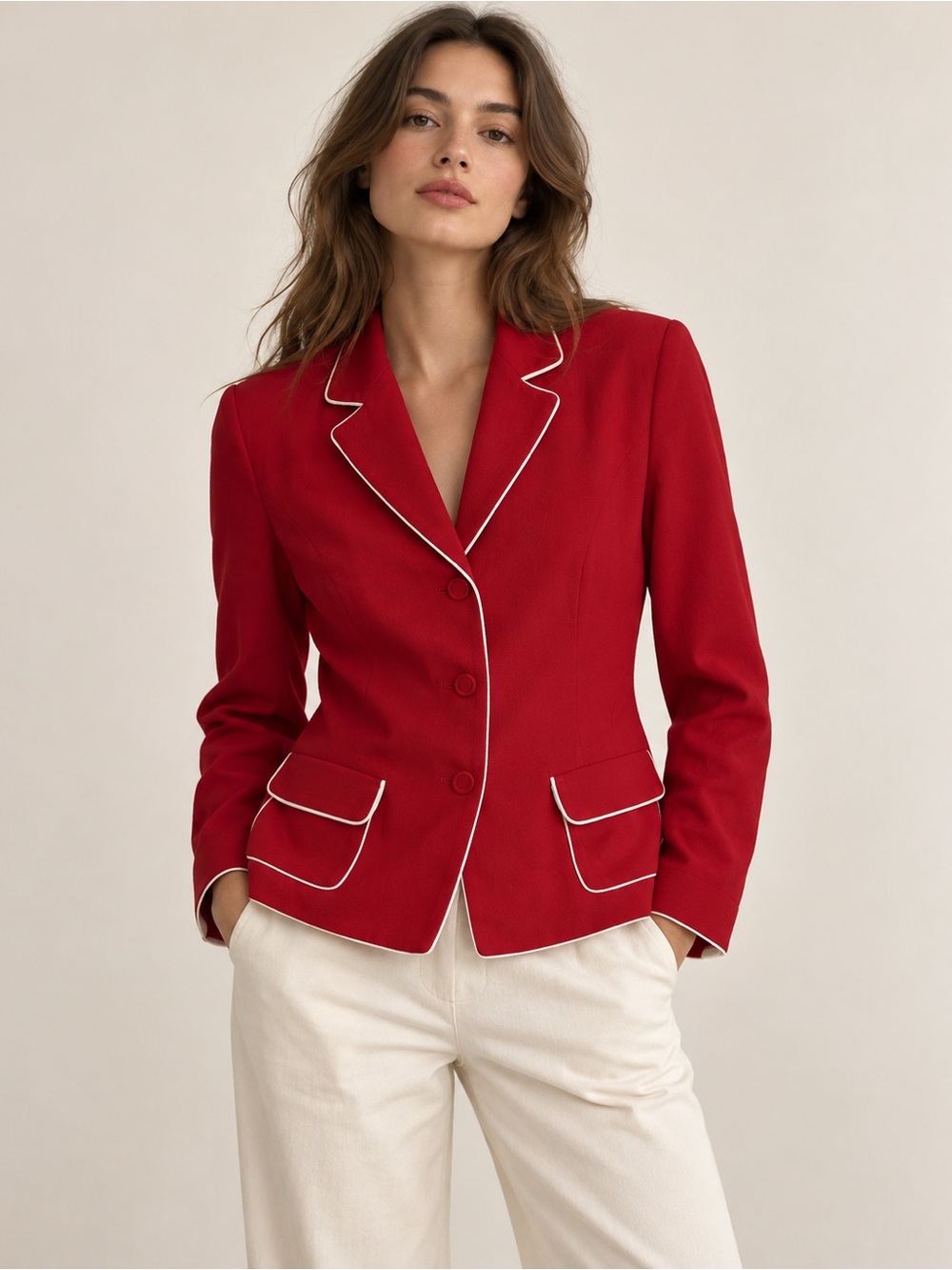 Ann Taylor Classic Preppy Red Blazer with White Piping Size 12P
